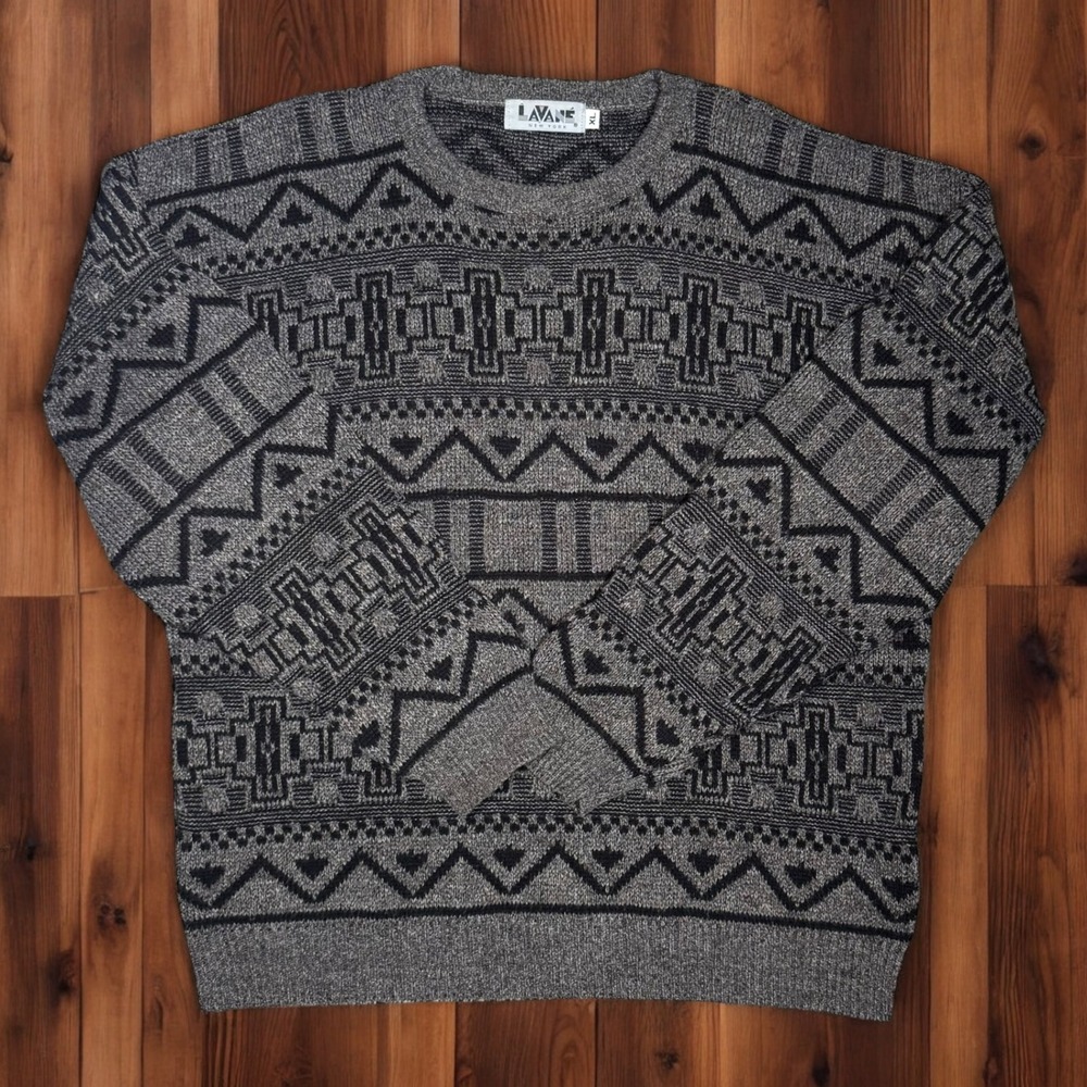 Vintage 90s Lavane New York Knit Sweater‎ XL Gray Geometric Pattern Grandpa Core